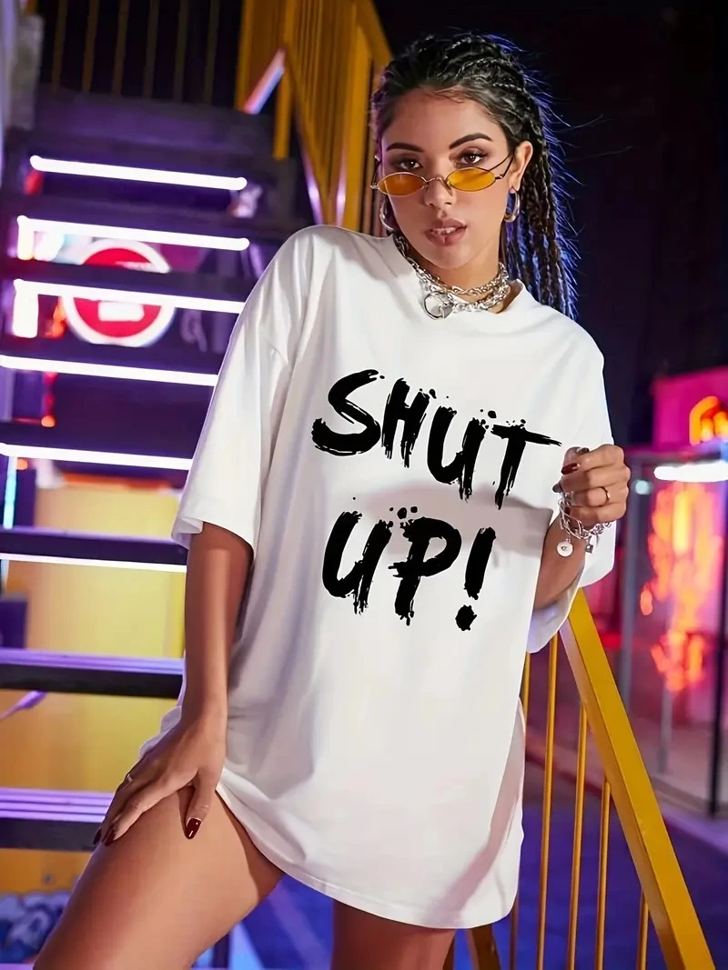 Kadın Shut Up Baskılı Tişort Kısa Kol Bisiklet Yaka Ovarsize T-Shirt -  Beyaz