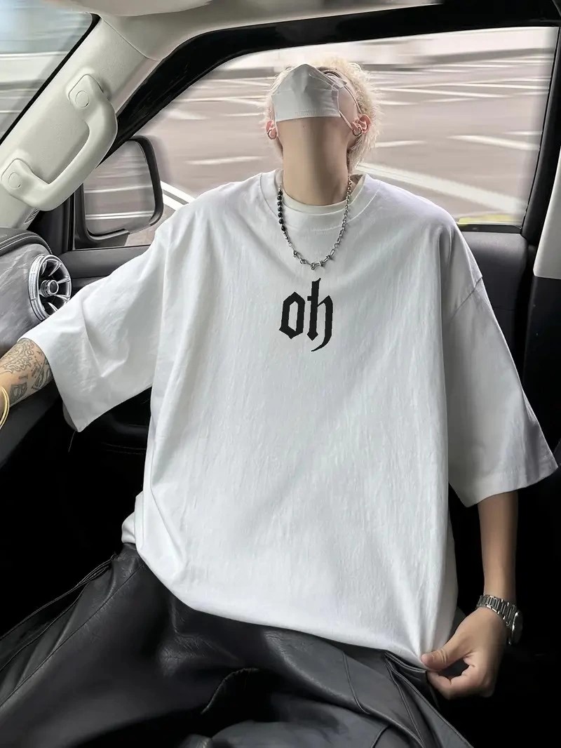Erkek Baskılı Tişort Kısa Kol Bisiklet Yaka Ovarsize T-Shirt - - Beyaz