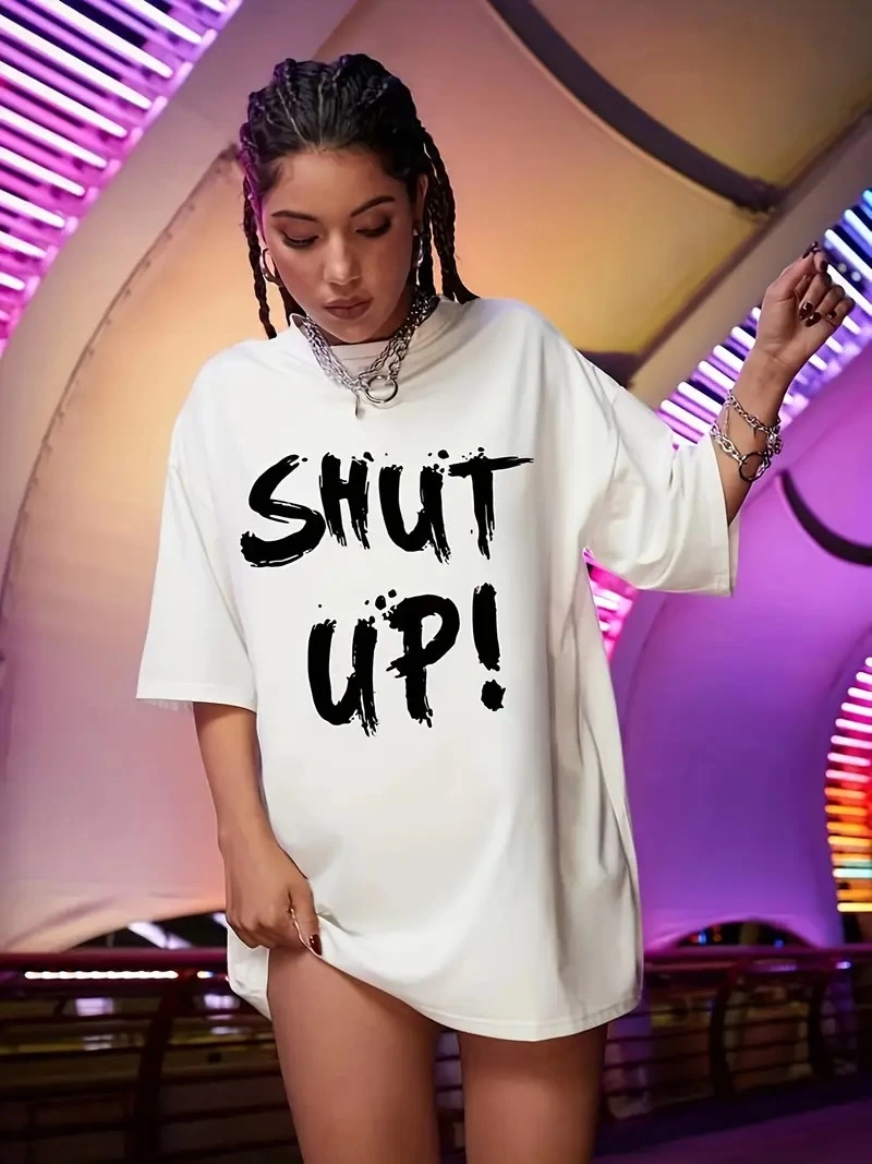 Kadın Shut Up Baskılı Tişort Kısa Kol Bisiklet Yaka Ovarsize T-Shirt -  Beyaz