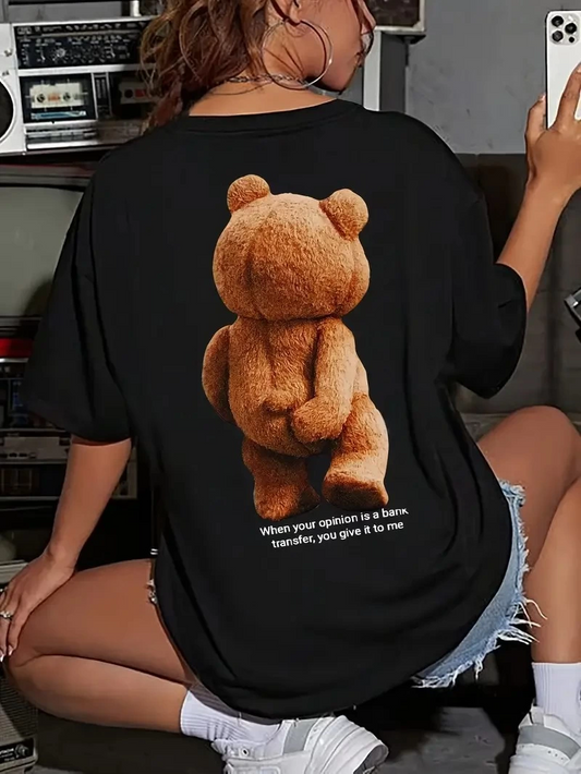 Kadın Büyük Boy Ayıcık Baskılı Bisiklet Kısa kol t-shirt - Siyah