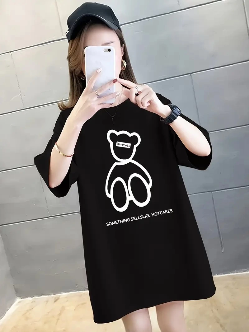 Kadın Penye Compack Baskılı Oversize Bisiklet Yaka T-shirt - Siyah