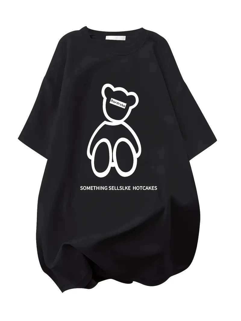 Kadın Penye Compack Baskılı Oversize Bisiklet Yaka T-shirt - Siyah