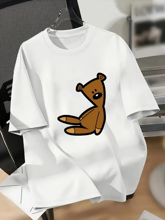 Kadın Penye Compack Ayı Baskılı Bisiklet Yaka Kısa Kol T-shirt - Beyaz