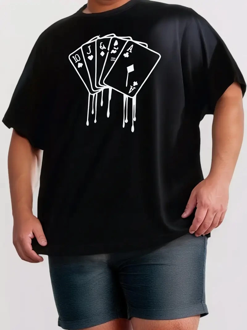 Erkek Kart Baskılı Tişort Kısa Kol Bisiklet Yaka Ovarsize T-Shirt -  Siyah