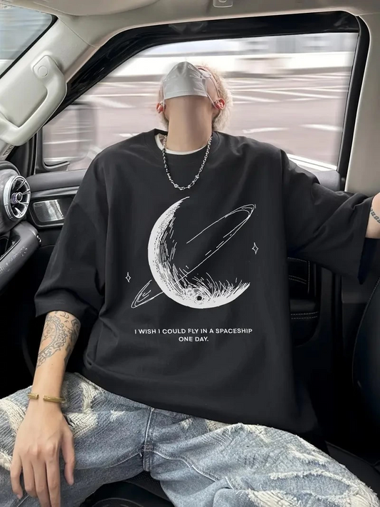 Erkek Baskılı Tişort Kısa Kol Bisiklet Yaka Ovarsize T-Shirt - - Siyah