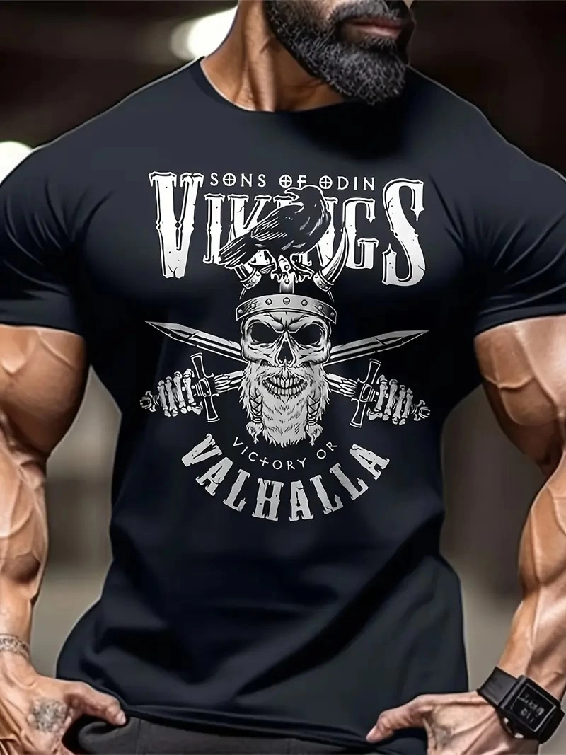 Erkek Bisiklet yaka ön ve arka Vikings Valhalla  T-shirt - Siyah