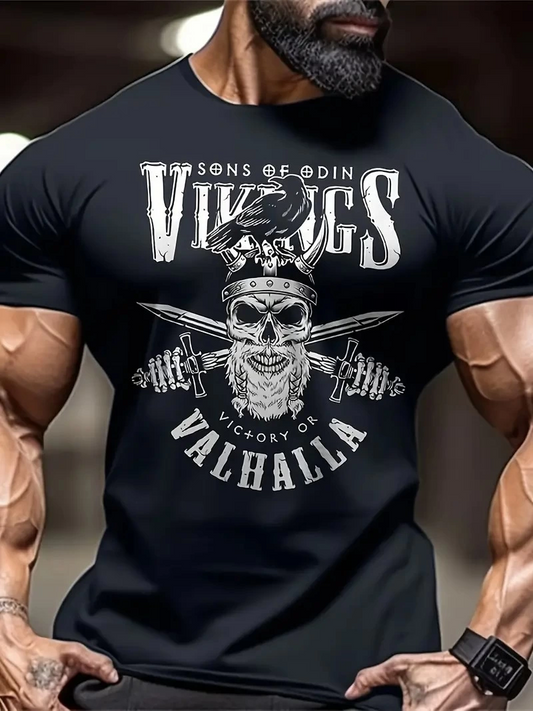 Erkek Bisiklet yaka ön ve arka Vikings Valhalla  T-shirt - Siyah