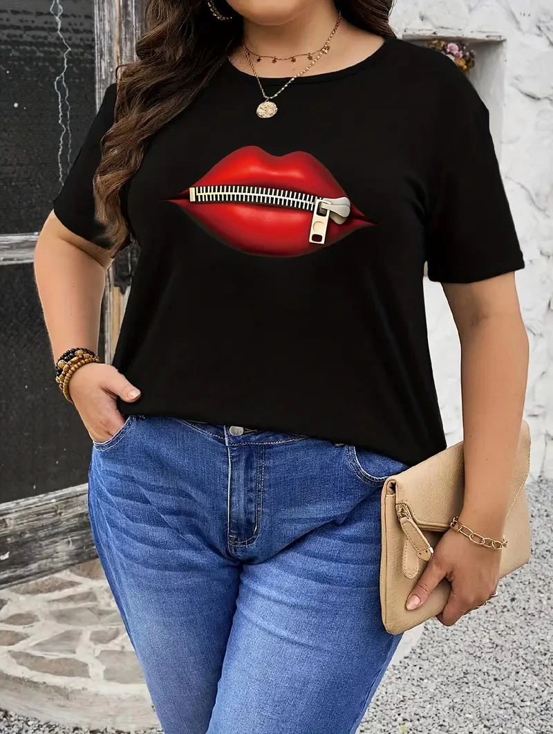 Kadın Dudak Baskılı T-Shirt Kısa Kol Bisiklet Yaka Ovarsize Rahat Kalıp Tişört - Siyah