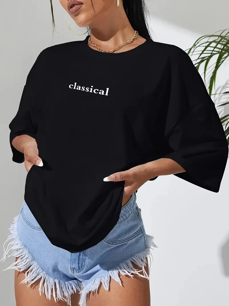 Kadın Penye Compack Classical Baskılı Kısa kol Tişort - Siyah