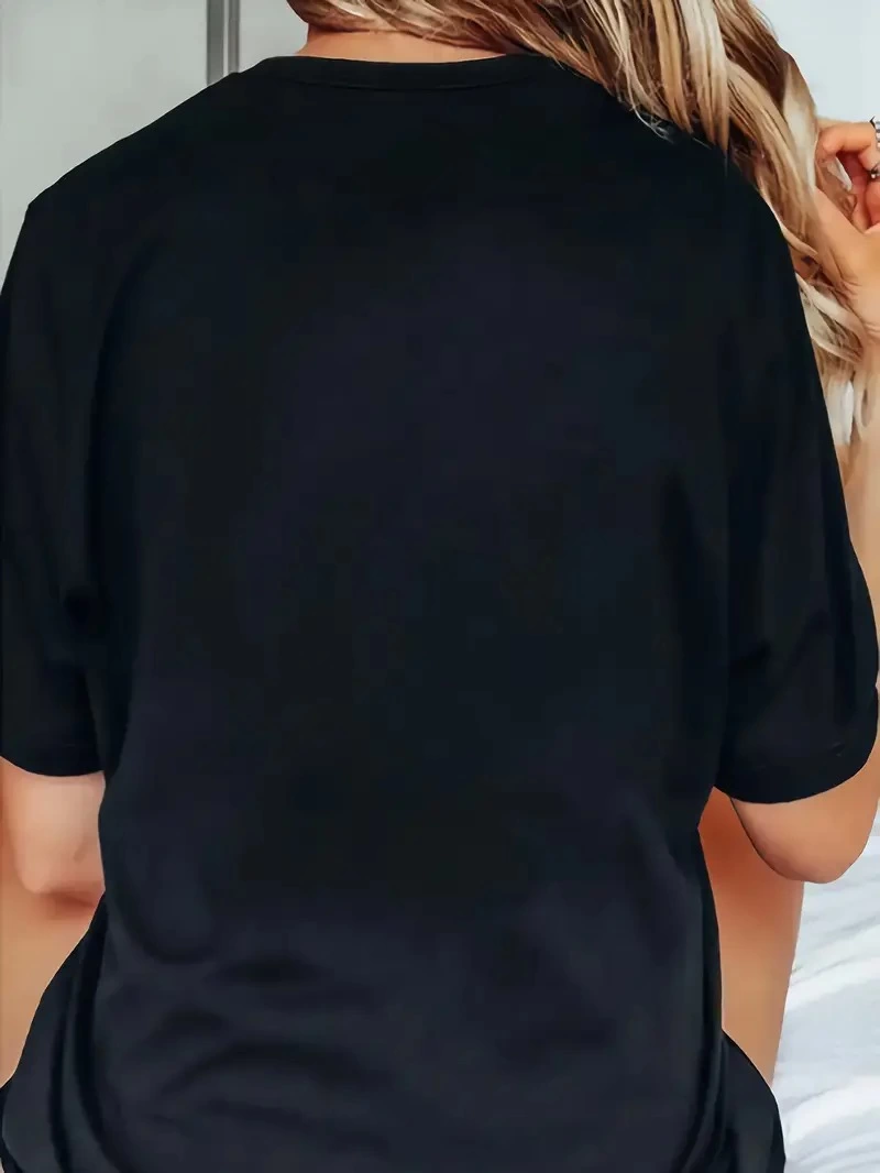 Kadın Penye Compack Baskılı Bisiklet Yaka Kısa Kol T-shirt - Siyah