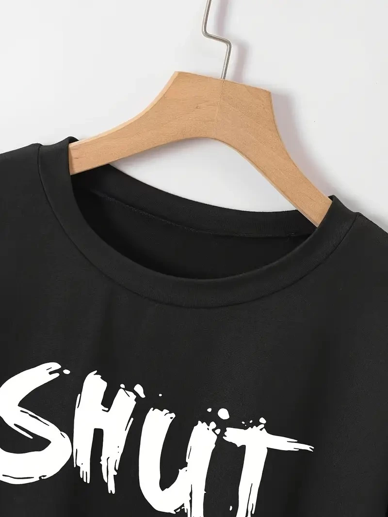 Kadın Shut Up Baskılı Tişort Kısa Kol Bisiklet Yaka Ovarsize T-Shirt -  Siyah