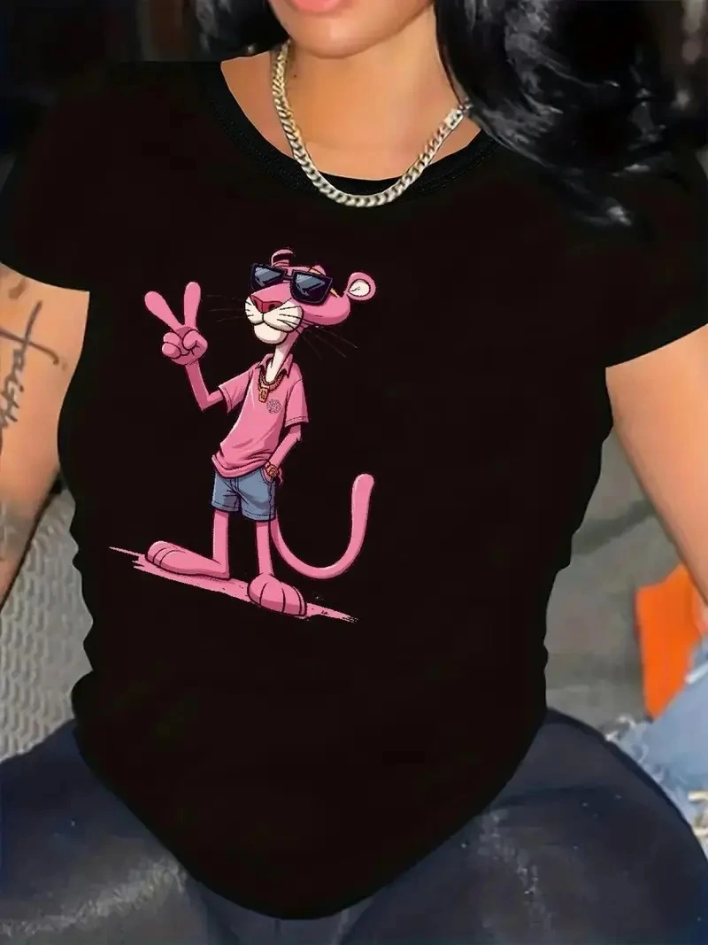Kadın Pembe Panter Baskılı Bisiklet Yaka Kısa Kol T-shirt - Beyaz
