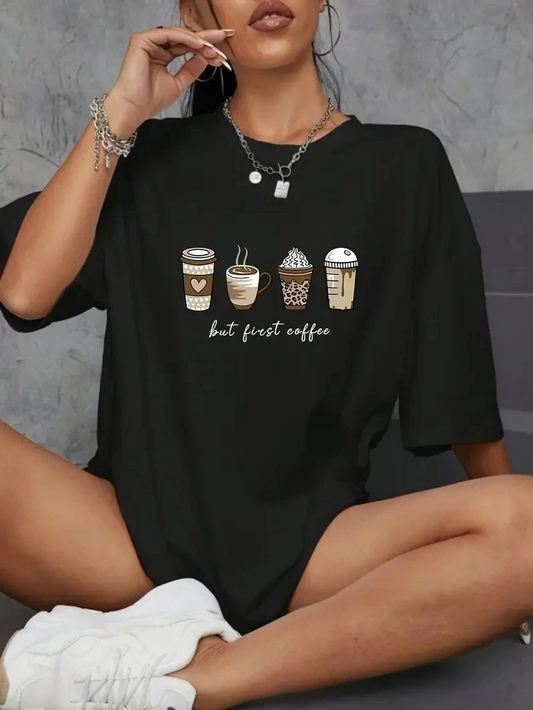 Kadın Kahve Desen Baskılı Tişort Kısa Kol Bisiklet Yaka Ovarsize T-Shirt -  Siyah