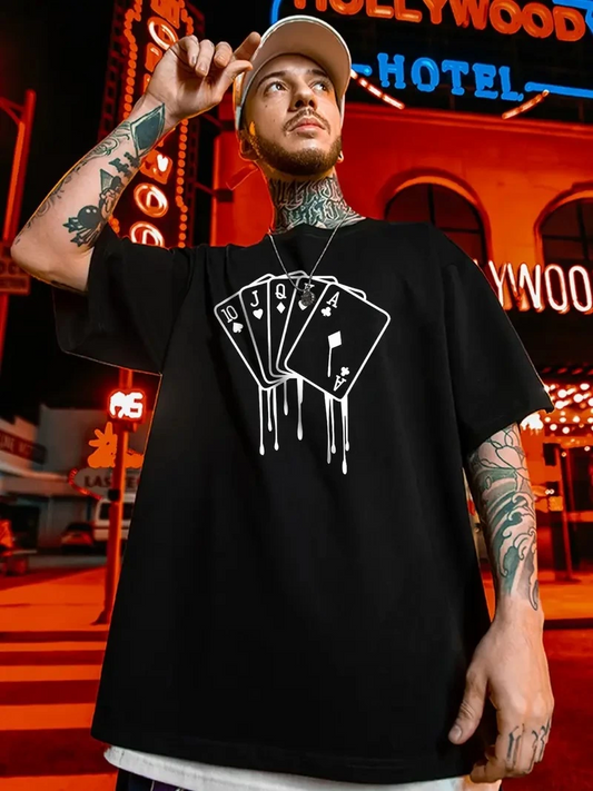 Erkek Kart Baskılı Tişort Kısa Kol Bisiklet Yaka Ovarsize T-Shirt -  Siyah