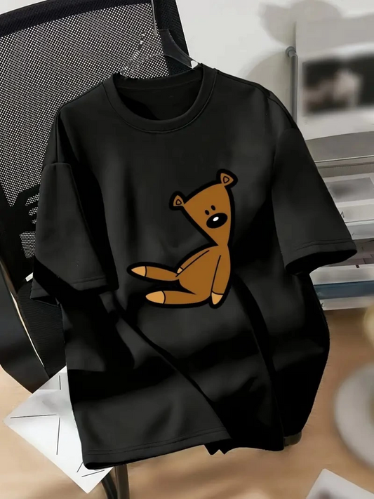 Kadın Penye Compack Tişort Ayı Baskılı Bisiklet Yaka Kısa Kol T-shirt - Siyah