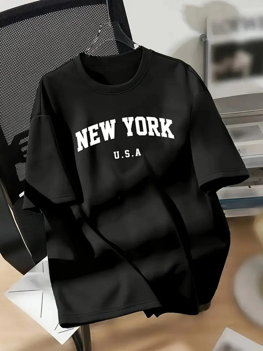 kadın New York Baskılı Kısa Kol Bisiklet Yaka T-shirt - Siyah