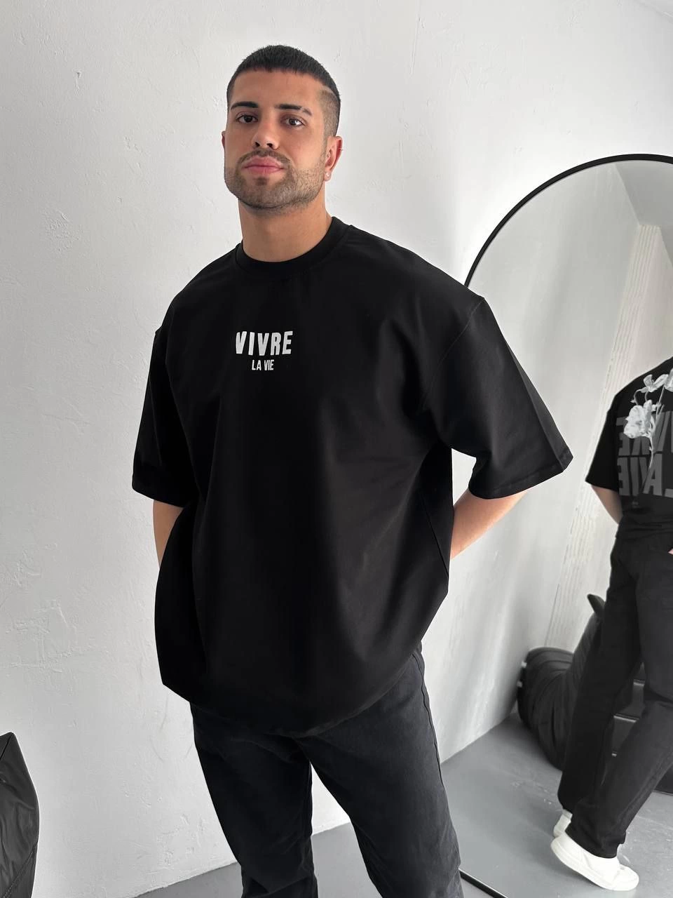 ERKEK Baskılı Oversize Bisiklet Yaka Kısa kol  T-shirt - Siyah