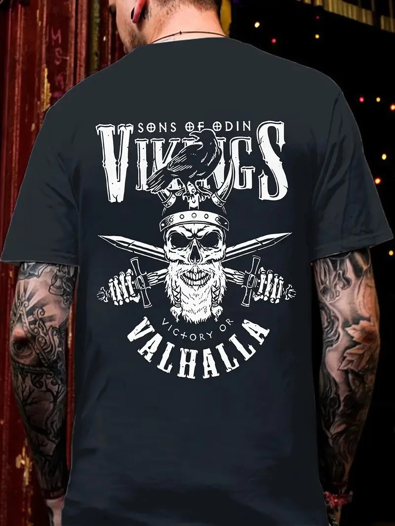 Erkek Bisiklet yaka ön ve arka Vikings Valhalla  T-shirt - Siyah