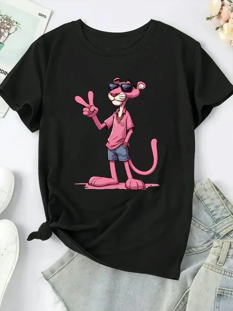 Kadın Pembe Panter Baskılı Bisiklet Yaka Kısa Kol T-shirt - Beyaz