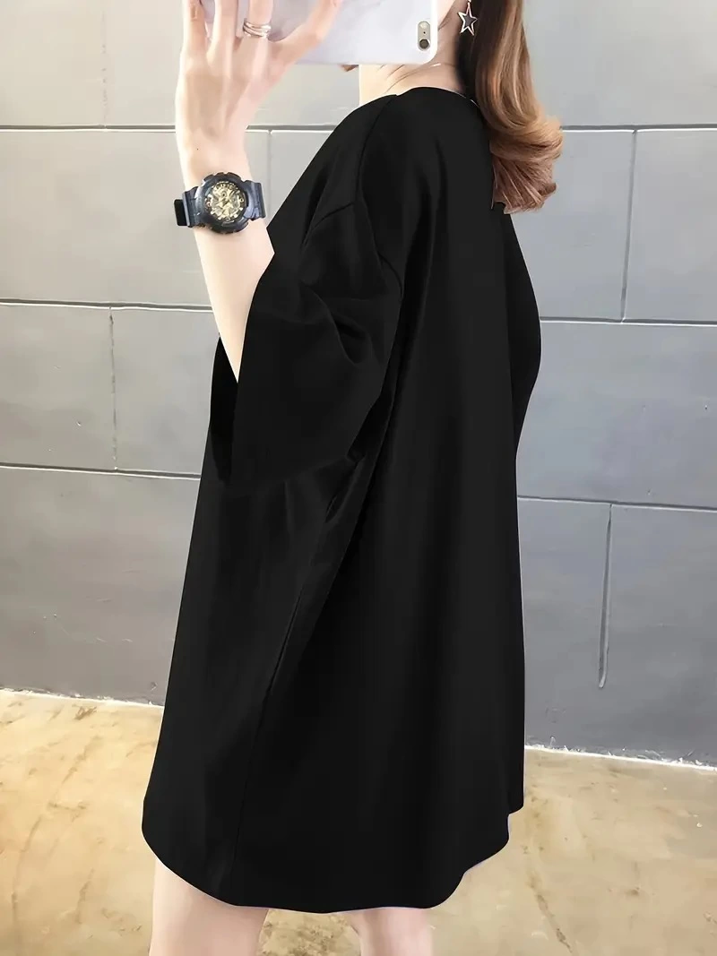 Kadın Penye Compack Baskılı Oversize Bisiklet Yaka T-shirt - Siyah