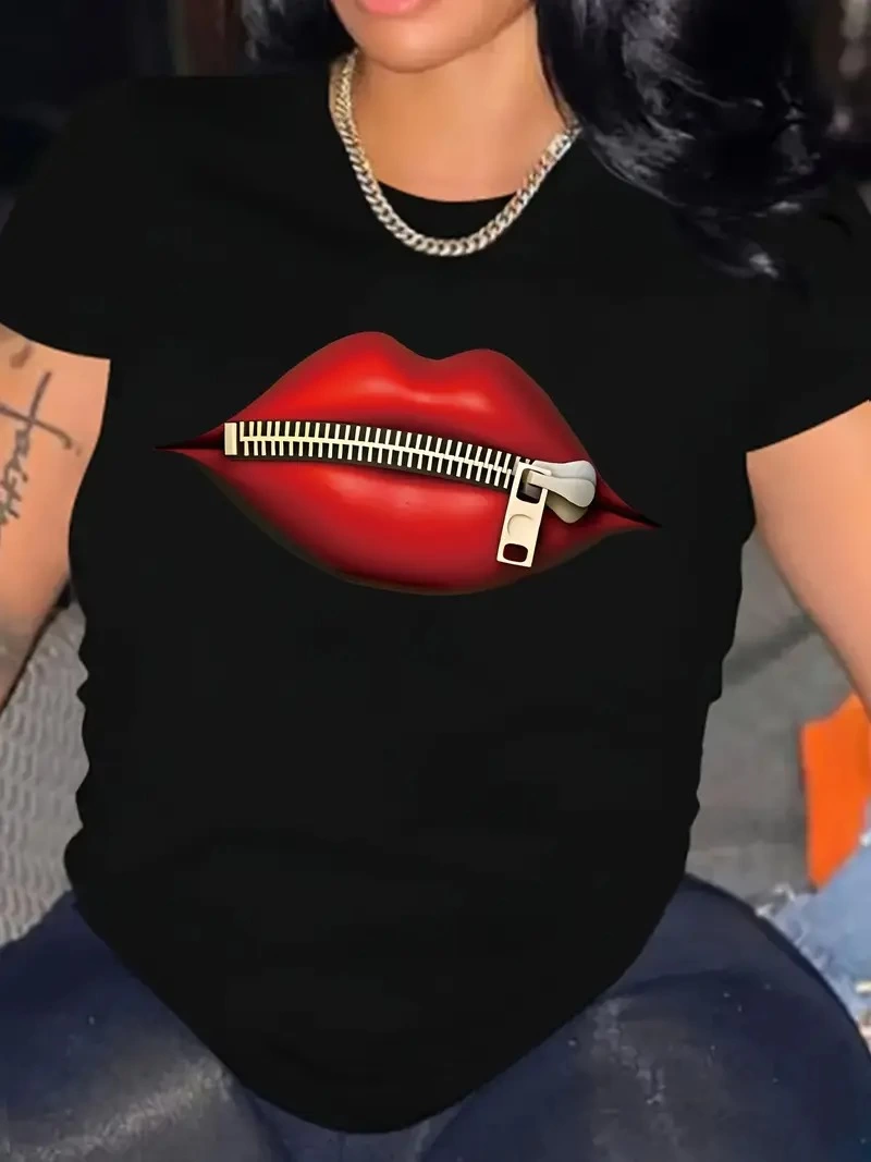 Kadın Dudak Baskılı T-Shirt Kısa Kol Bisiklet Yaka Ovarsize Rahat Kalıp Tişört - Siyah