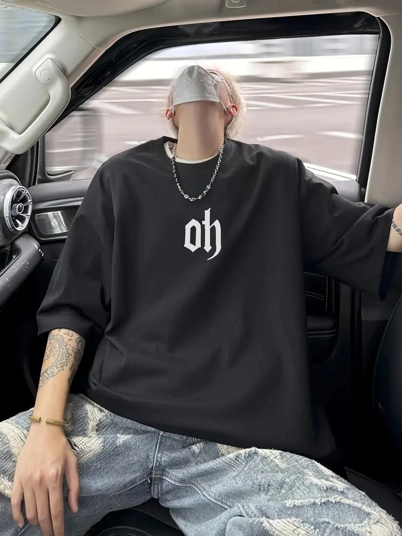 Erkek Baskılı Tişort Kısa Kol Bisiklet Yaka Ovarsize T-Shirt - Siyah