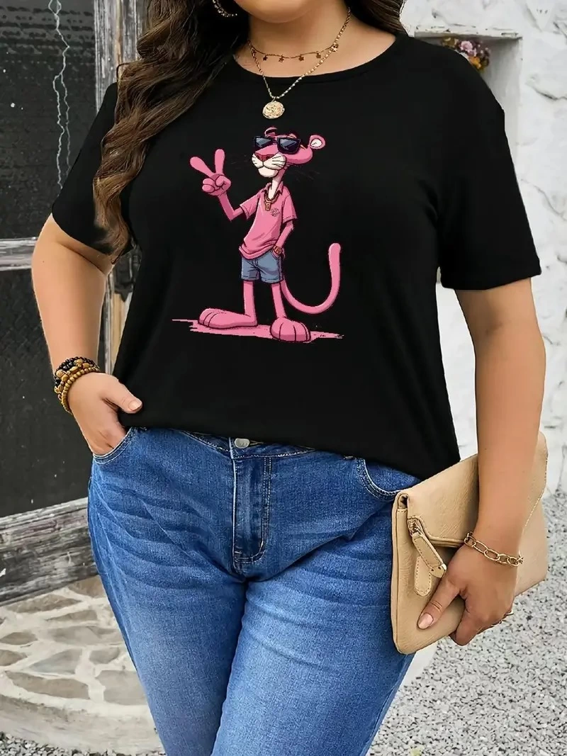 Kadın Pembe Panter Baskılı Bisiklet Yaka Kısa Kol T-shirt - Beyaz