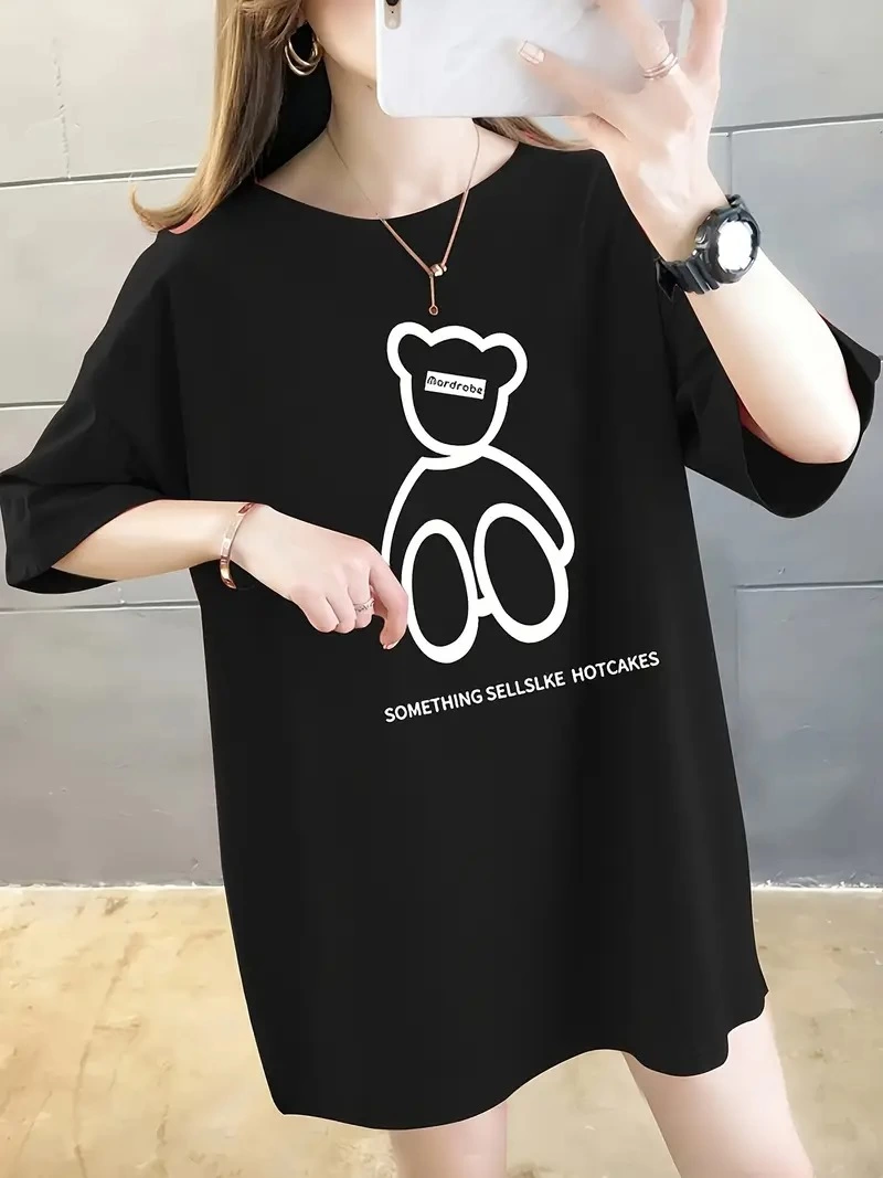 Kadın Penye Compack Baskılı Oversize Bisiklet Yaka T-shirt - Siyah