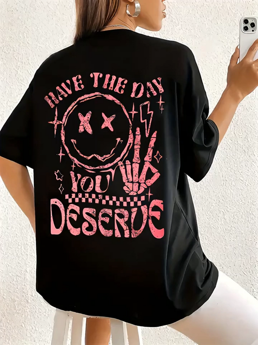 Kadın Baskılı T-Shirt Kısa Kol Bisiklet Yaka Ovarsize Rahat Kalıp Tişört -  Siyah