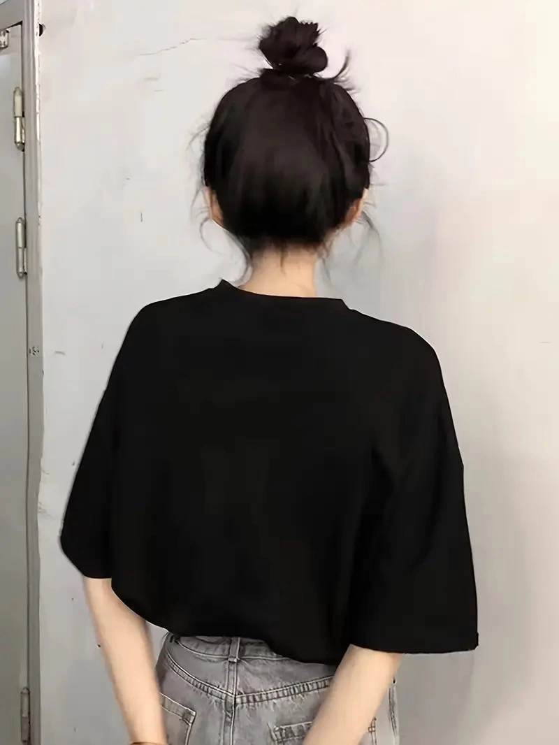 Kadın Penye Compack Baskılı Kısa Kol Bisiklet Yaka T-shirt - Siyah