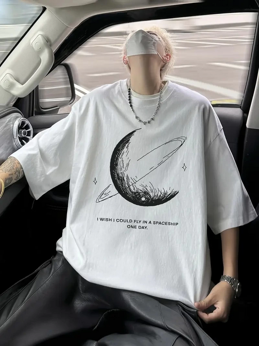 Erkek Baskılı Tişort Kısa Kol Bisiklet Yaka Ovarsize T-Shirt -  Beyaz