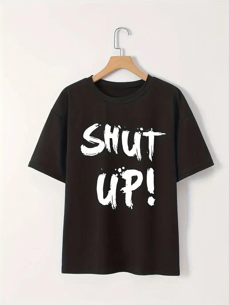 Kadın Shut Up Baskılı Tişort Kısa Kol Bisiklet Yaka Ovarsize T-Shirt -  Siyah