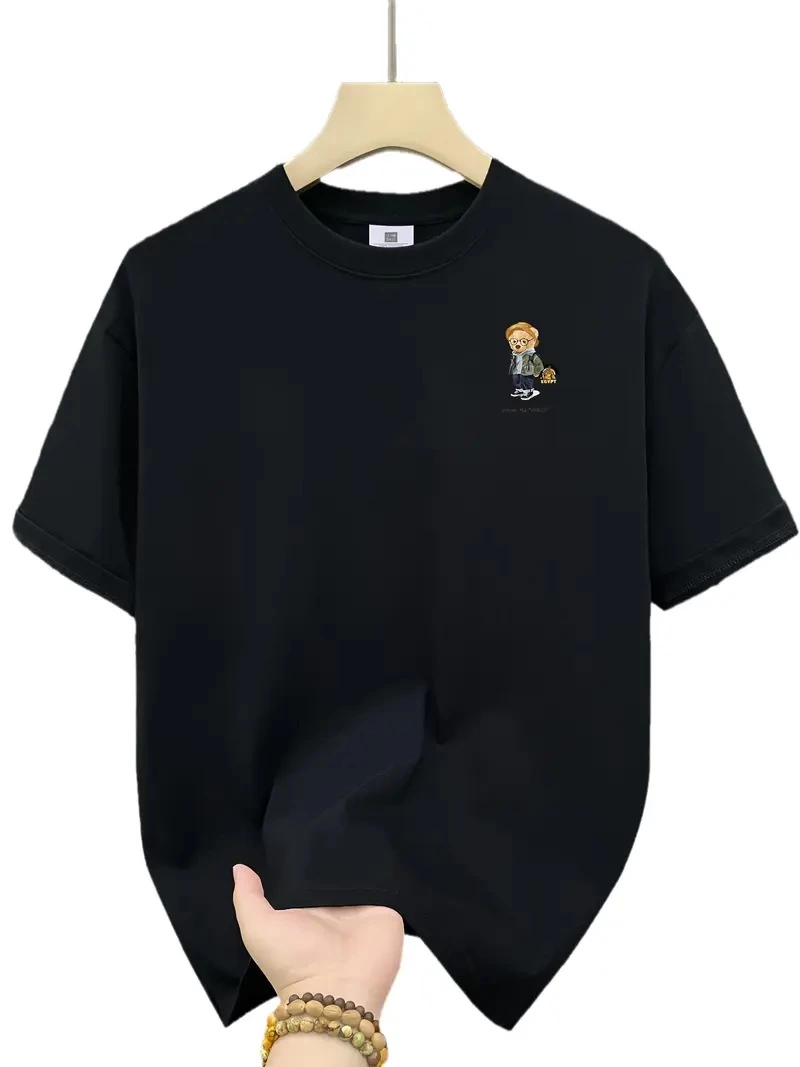 Erkek Penye Compack Gözlüklü Ayı Bisiklet Yaka Erkek T-shirt - Siyah