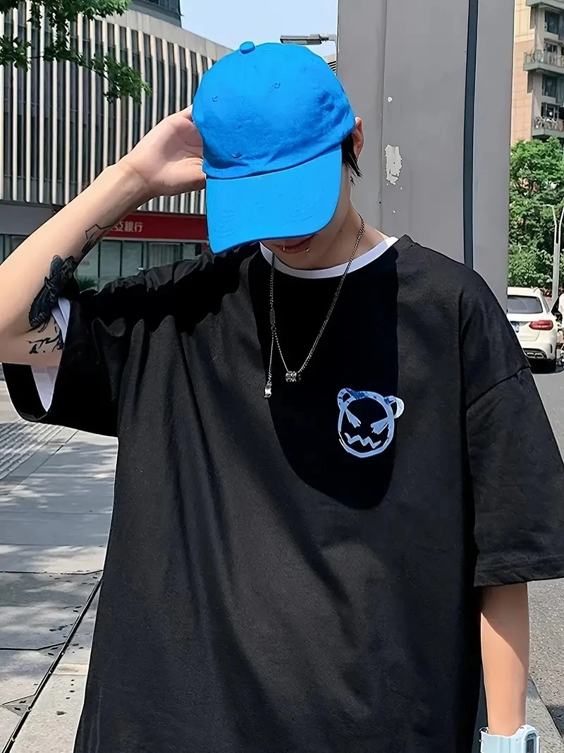 ERKEK Bisiklet Yaka Kore tarzı baskı Kısa Kol t-shirt - Siyah