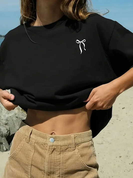 Kadın fiyonk baskılı oversize Kısa Kol t-shirt- Siyah