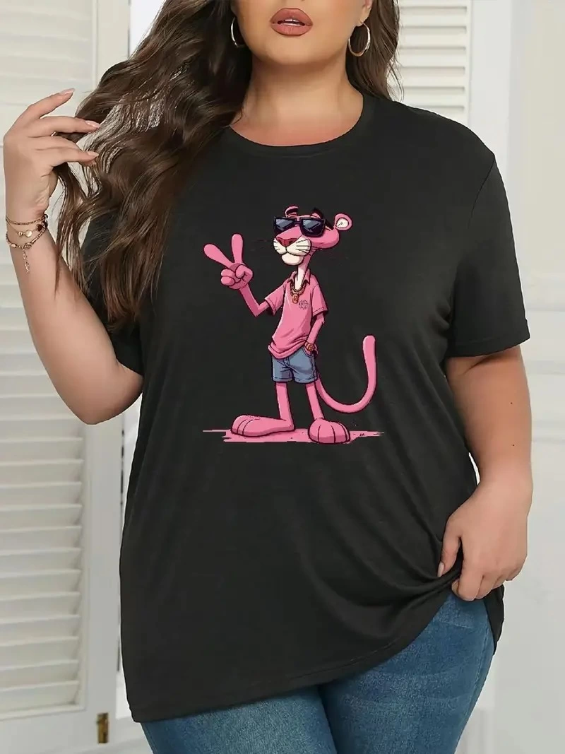 Kadın Pembe Panter Baskılı Bisiklet Yaka Kısa Kol T-shirt - Beyaz