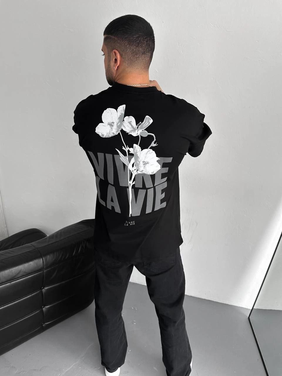 ERKEK Baskılı Oversize Bisiklet Yaka Kısa kol  T-shirt - Siyah