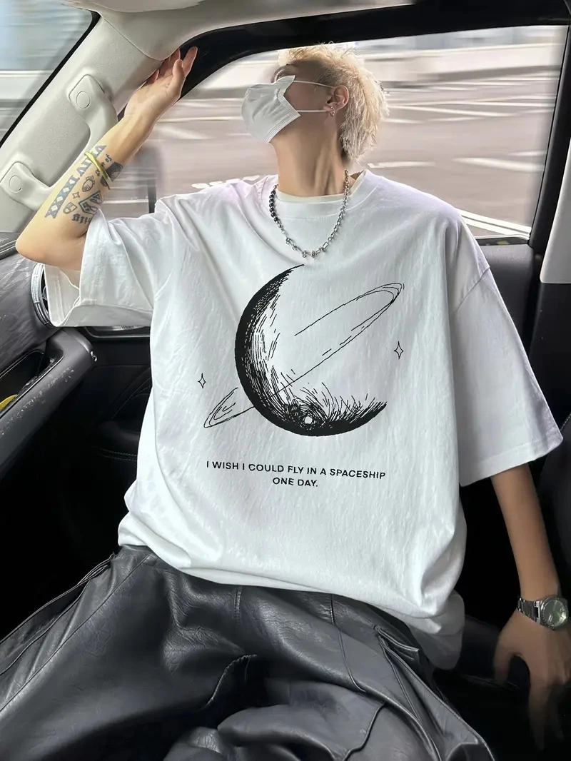Erkek Baskılı Tişort Kısa Kol Bisiklet Yaka Ovarsize T-Shirt -  Beyaz