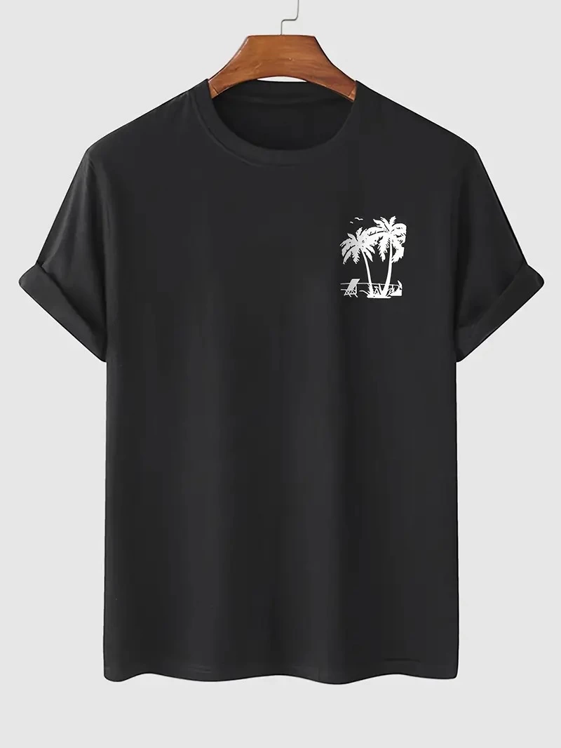 Erkek Palmiye Baskılı Bisiklet Yaka Kısa Kol Yazlık T-shirt - Siyah