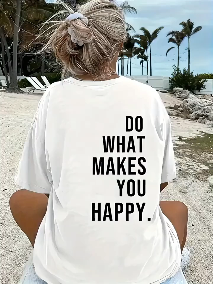 Kadın Baskılı T-Shirt Kısa Kol Bisiklet Yaka Ovarsize Rahat Kalıp Tişört -  Beyaz