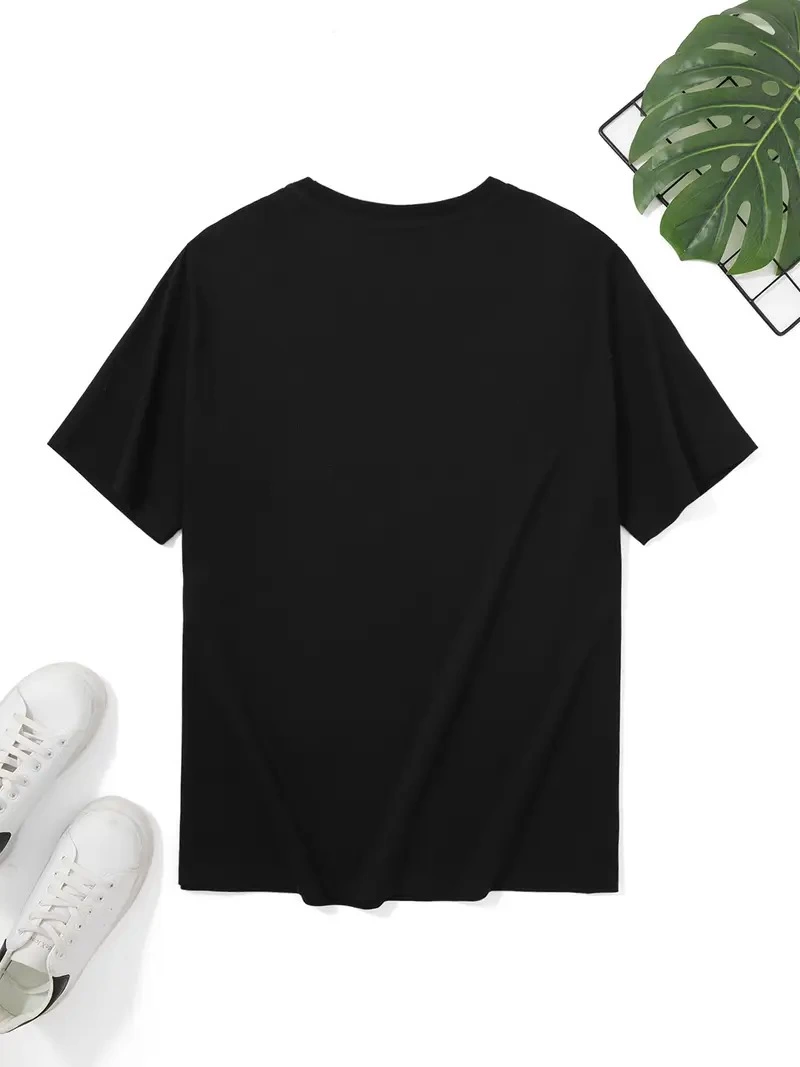 Kadın Palmiye Baskılı T-Shirt Kısa Kol Bisiklet Yaka Ovarsize Rahat Kalıp Tişört - Siyah