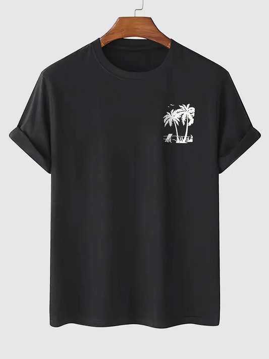 Kadın Palmiye Baskılı T-Shirt Kısa Kol Bisiklet Yaka Ovarsize Rahat Kalıp Tişört - Siyah