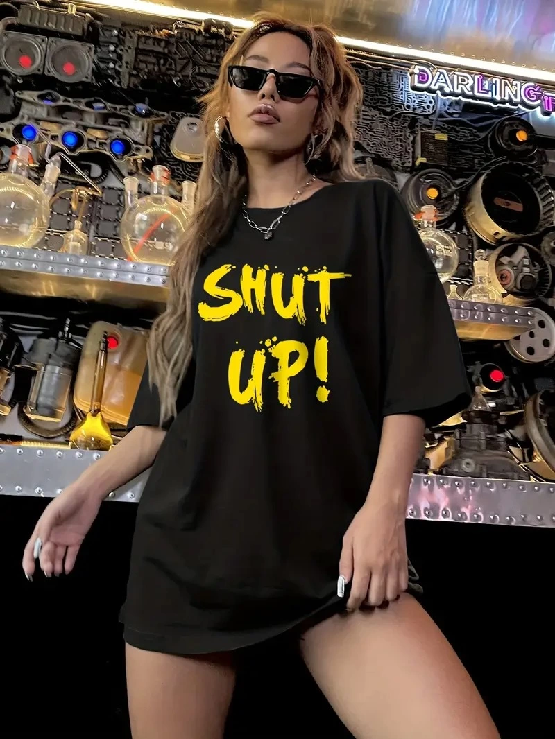 Kadın Shut up Baskılı Bisiklet Yaka Kısa Kol T-shirt - Siyah
