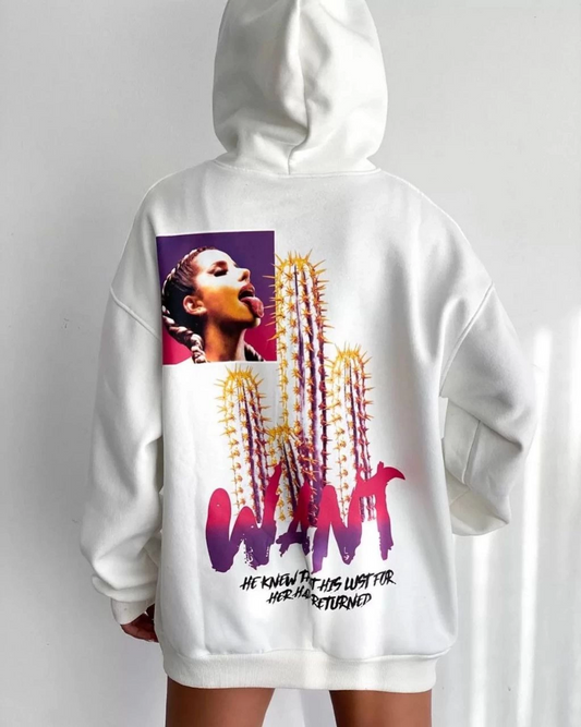 Kadın Baskılı Üç İplik Kapüşonlu Oversize Sweatshirt - Beyaz