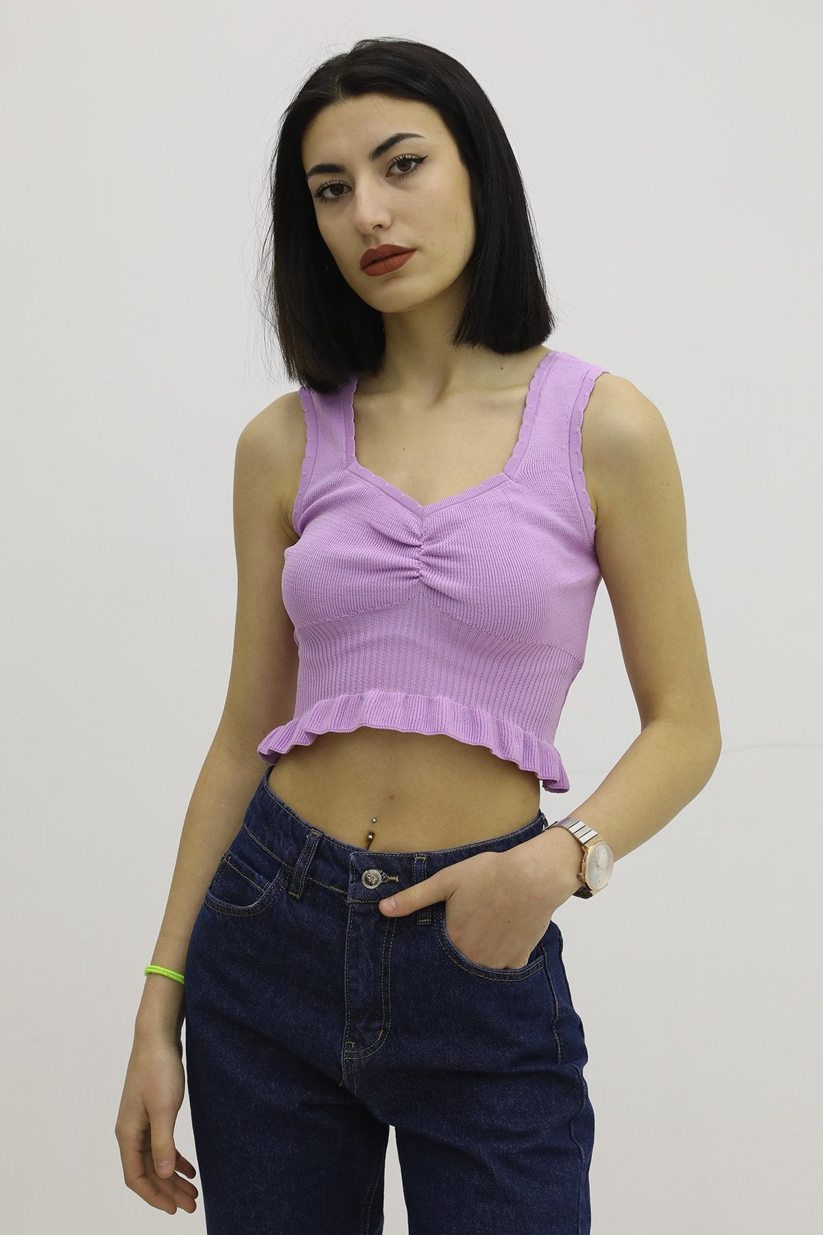 Bel Lastikli Triko Bluz Lila - P-019708