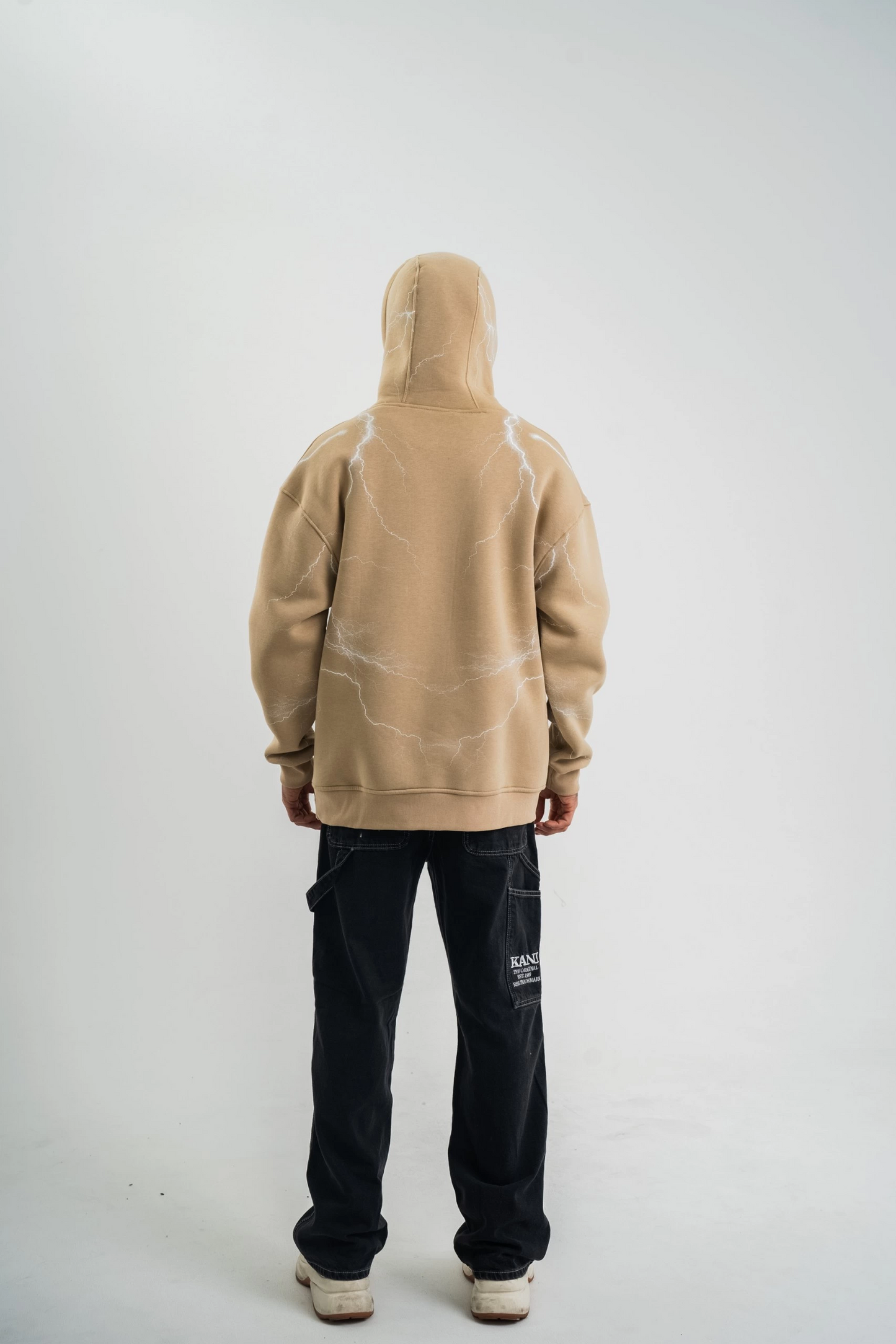 Erkek Şimşek Baskılı Kapşonlu Sweatshirt Üç İplik Pamuklu Kanguru Cepli Double - Bej