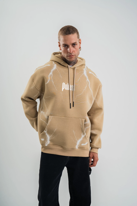 Erkek Şimşek Baskılı Kapşonlu Sweatshirt Üç İplik Pamuklu Kanguru Cepli Double - Bej