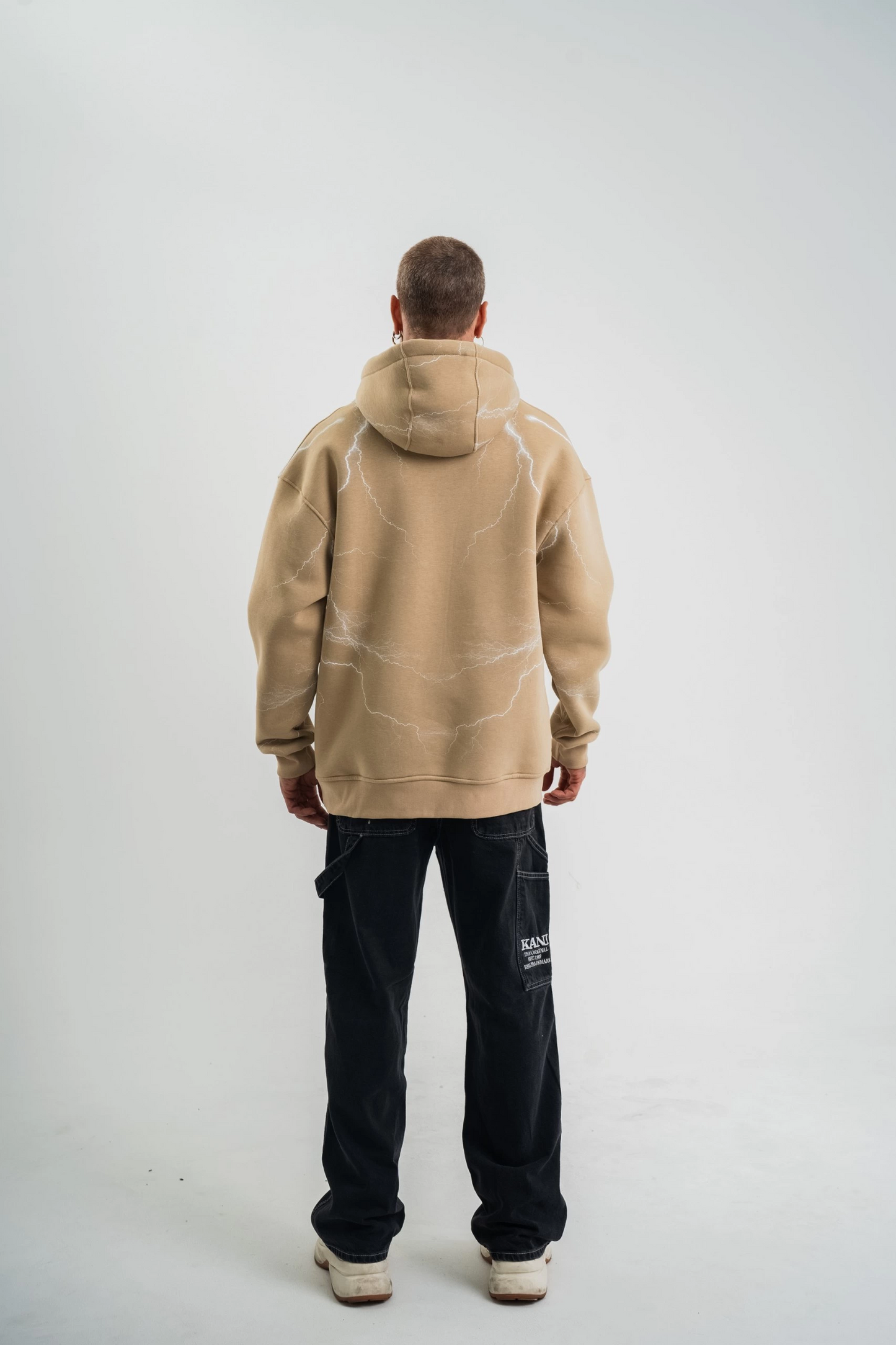 Erkek Şimşek Baskılı Kapşonlu Sweatshirt Üç İplik Pamuklu Kanguru Cepli Double - Bej