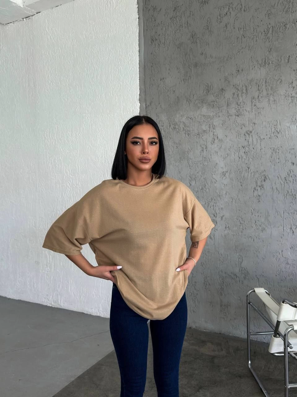 Kadın Düz T-Shirt Kısa Kol Bisiklet Yaka Ovarsize Rahat Kalıp Günlük Tişört - Bej