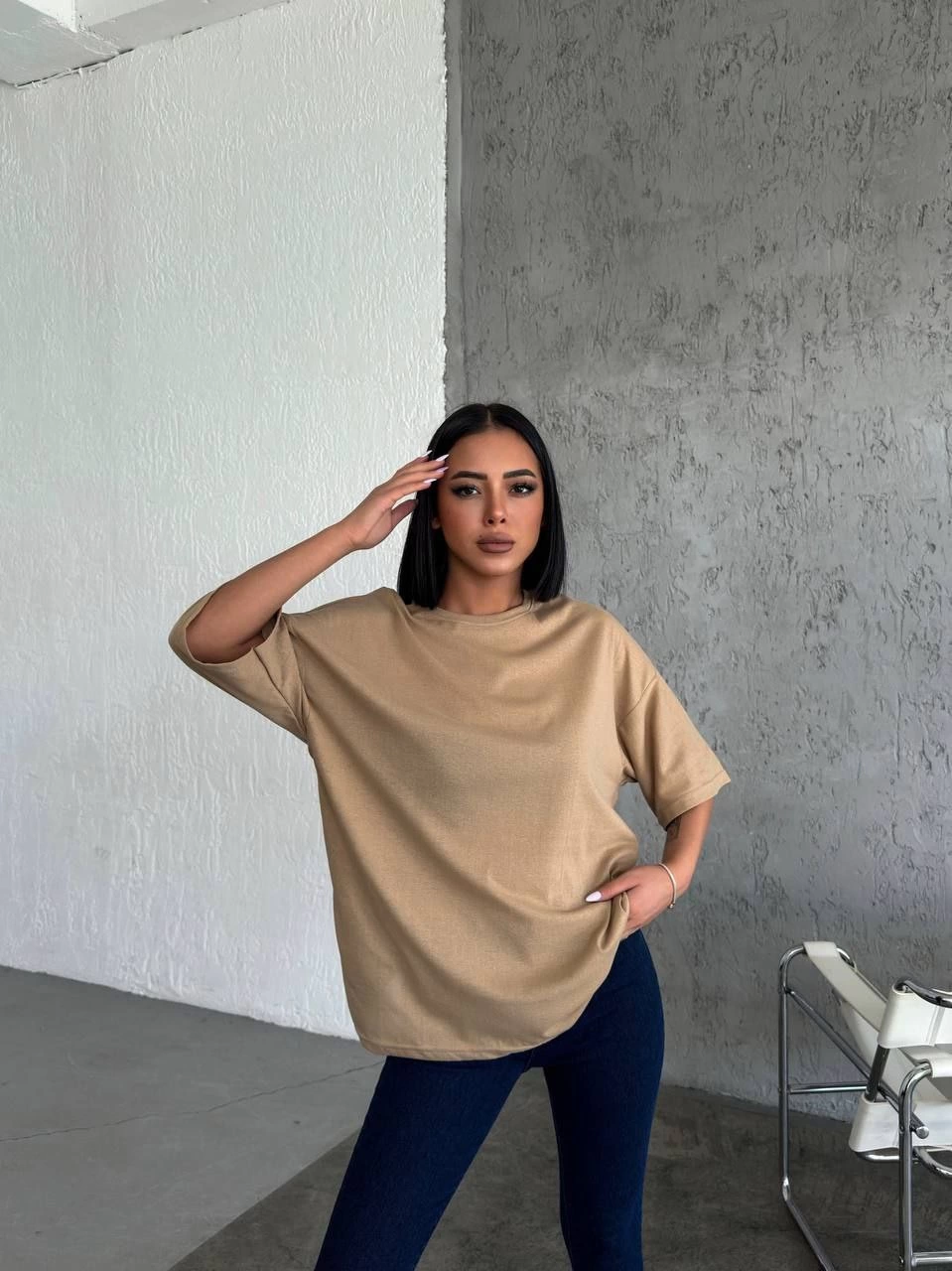 Kadın Düz T-Shirt Kısa Kol Bisiklet Yaka Ovarsize Rahat Kalıp Günlük Tişört - Bej